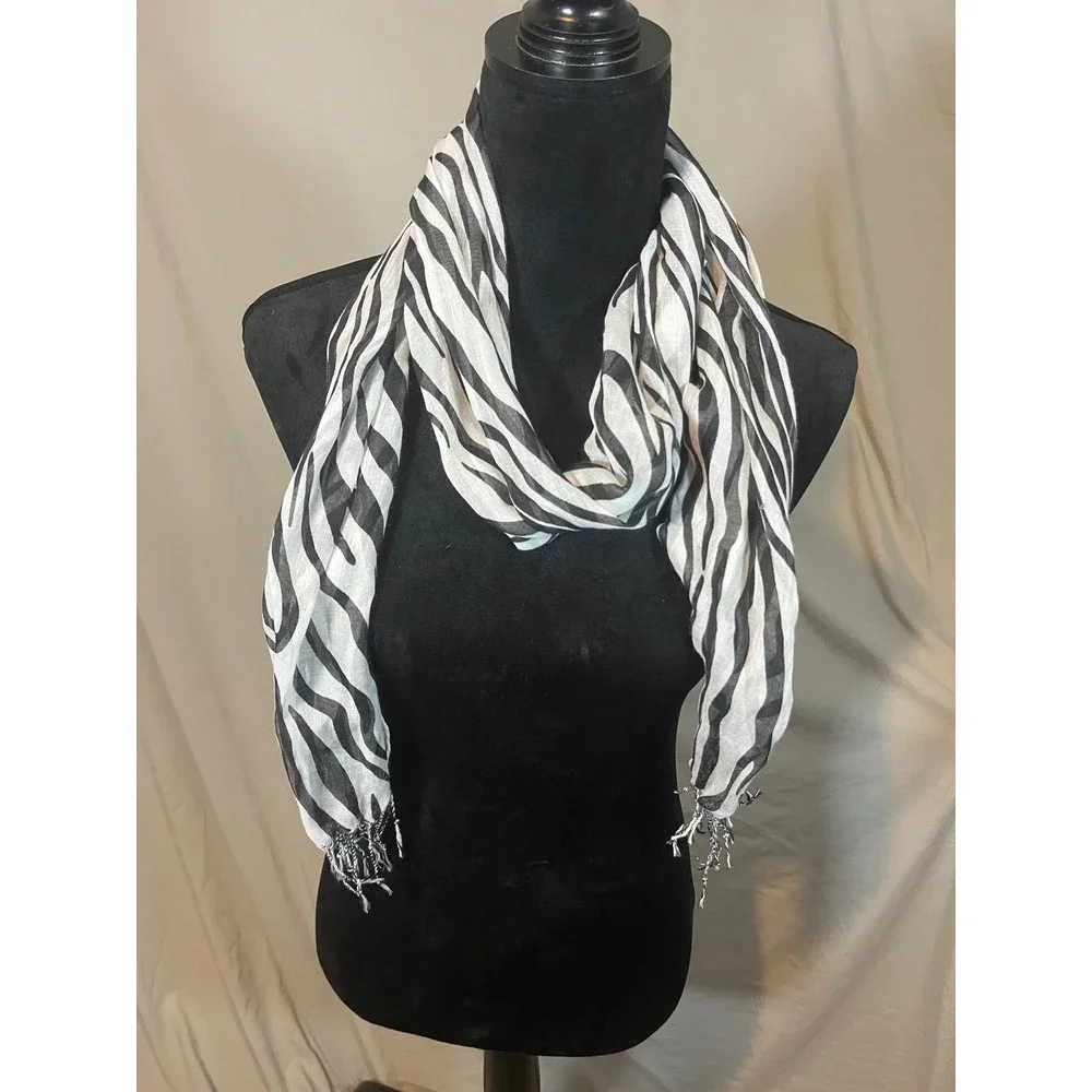 Womens Zebra Print Scarf Black White Lightweight Animal Pattern Fringe‎ Trim